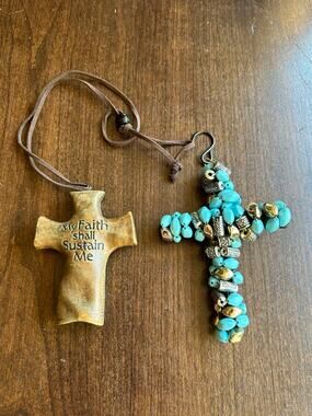 Pair of cross ornaments hanging wall decor religious art beaded